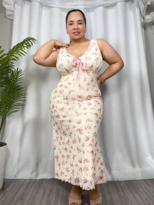 Hourglow Cardis.Ego Plus Size Pink Floral Printed Rural Style Summer Vacation Dress,Beach Dress Sundress,Holiday Outfits Boho, For Hourglass Body Shape - Pink - View 6