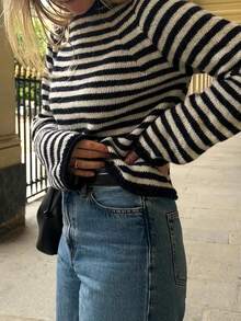 Minimalist Contrast Striped Crew Neck Knit Sweater, Long Sleeve Soft & Cozy Layering Top For Women, Autumn/Winter