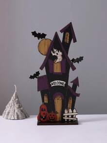 1 pieza Decoración de madera plana 2D de Halloween - Calabaza, fantasma, decoraciones de letrero de casa embrujada con diseño de calavera espeluznante, murciélago y telaraña para exhibición de mesa festiva, decoración de Halloween