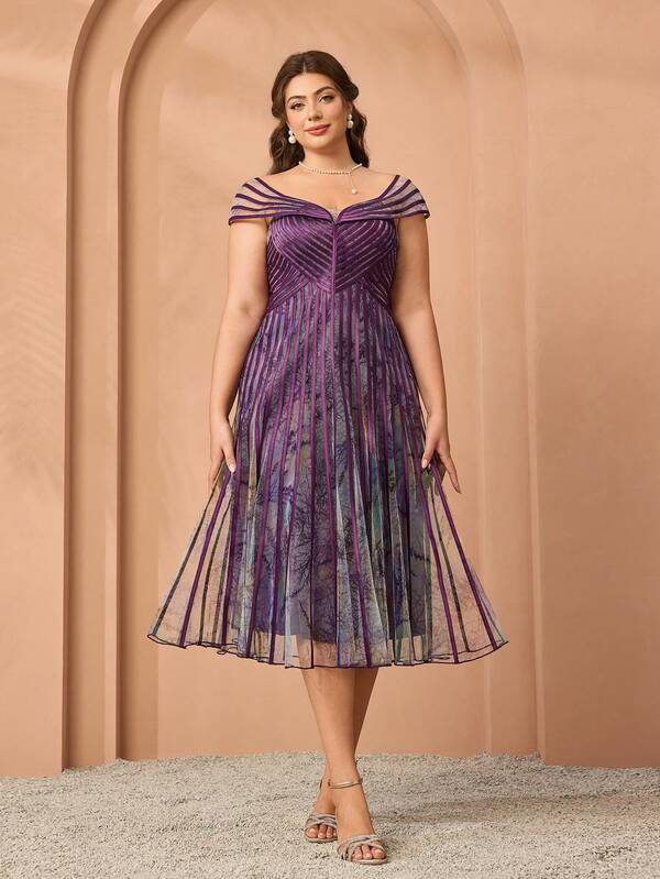 Plus Size New Design, Shoulder-Less, Mesh Floral Print, Drawstring Waist, Flared Hem, High-End Evening Gown, Suitable For Black-Tie Events