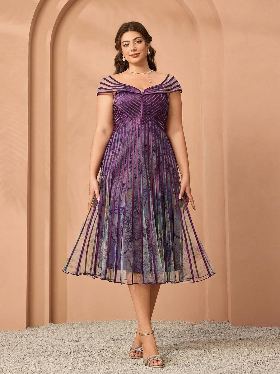 Mgiacy,New Arrival,Shoulder Wear, Strapless, Printed Mesh, Drawstring, Big Swing, High-End Evening Dress,For , Black Tie Event Dress - Purple - View 1