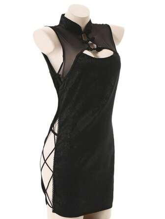 1pc Cheongsam Inspired Vintage Style Side Slit Lace Up Lingerie Costume Outfit Halloween