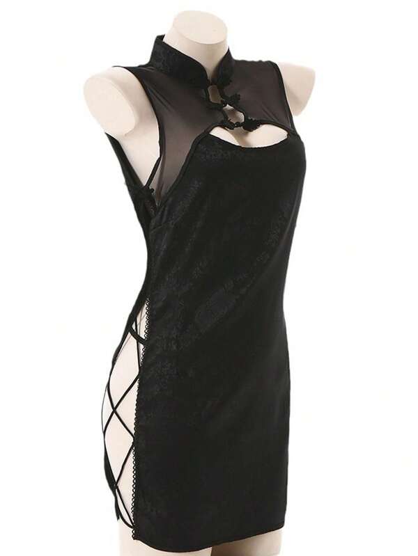 1 pezzo Costume da lingerie stile vintage ispirato al cheongsam con spacco laterale e allacciatura, adatto anche per Ognissanti