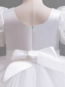 Vestido formal de media longitud para niños, vestido de boda de verano con mangas abullonadas para niñas, vestido de baile de princesa con bordado de lentejuelas y tul brillante, adecuado para actuaciones y como anfitrionas - Blanco - Ver 5