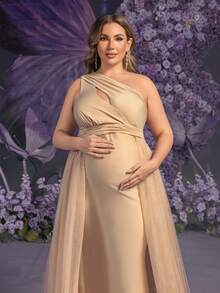 Faeriesty Dressalisa Elegant Plus 孕妇单肩无袖网眼覆盖连衣裙，适合夏春场合（婚礼嘉宾、正式晚宴、花园派对、孕妇写真、晚会） - 香檳色 - 查看 6