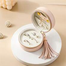 1pc Round Tassel Travel Mini Jewelry Box, Ring Earring Stud Organizer, PU Leather Zipper Jewelry Storage Box, Jewelry Counter Protection Display Box - Round - View 14