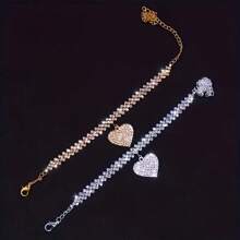 Set Of 2 Luxurious Glittering Heart Pendant Anklets And Bracelets Perfect For Parties, Weddings, Engagement Jewelry Gifts, Halloween And Christmas Gifts