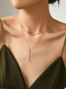 Nooxian 1pc Chic & Elegant Geometric Square Handmade Copper Bar Pendant Necklace For Women, Summery Resort Vibe