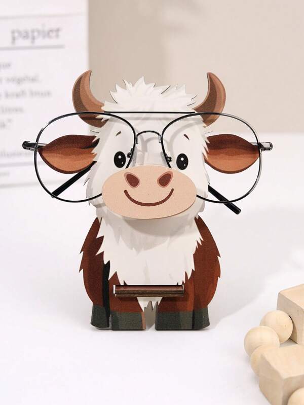 1pc Cute Animal Glasses Holder, Wooden Eyeglasses Stand, Creative Highland Cattle Sunglasses Display Stand, Desk Glasses Organizer, Home Decor, Ideal Gifts For Friends, Men And Women