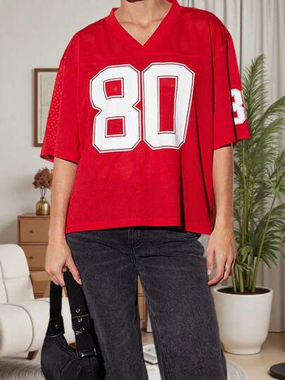 Women Mesh Jersey Loose Number Print V Neck Short Sleeve Sports T-Shirts Casual Summer Streetwear