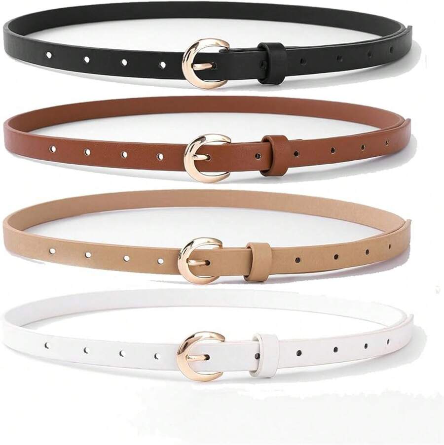 4 Pack Women Belts Jeans Dress Thin Waist Belt Ladies With Gold 0.55 Width, 2025 Style - D_黑色+米色+棕色+白色 - 查看 1