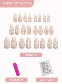 French Tip Floral Press On Nails 24Pcs | Almond Full Cover With Chrysanthemum & Leaf | Simple Elegant Summer Nails | W/Jelly Glue & Nail Buffer | Reusable For Women Girls Daily To Party