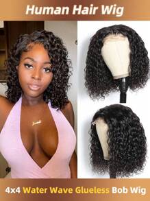 Peruca Bob Sem Cola de 12" Onda de Água com Densidade de 180%, Cabelo Natural com Frente de Laço 4*4 Pré-Arrancado e Descolorido, Tira Ajustável para Ajuste Seguro - Fácil para Iniciantes, Sem Necessidade de Cola, Adequada para Todas as Etnias