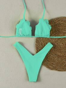 Polovedo 官方新款春夏性感休闲优雅浅绿色纯色碎花女士沙滩度假约会比基尼泳衣 - 綠色 - 查看 3