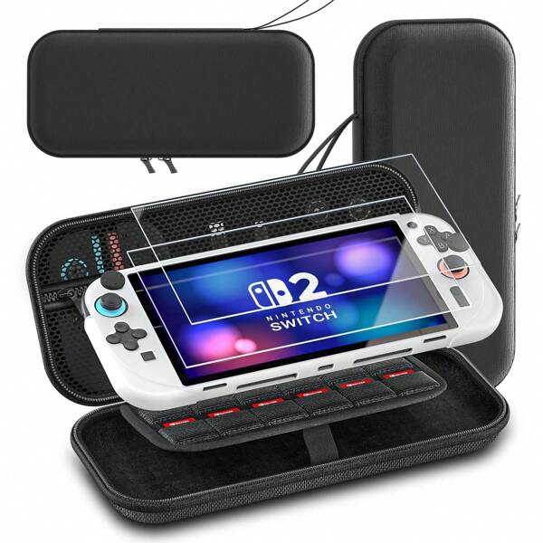 Switch 2 Carrying Case with Silicone Protective Cover – Includes 2 Glass Screen Protectors & 2 Thumb Grip Caps, Travel Storage Bag for Switch 2 Accessories