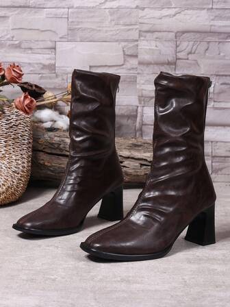Women's New Square Toe Chunky Heel Folded Mid-Calf Boots For Slimming Effect, Autumn/Winter