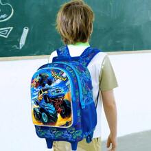 3PCS Car Rolling Bookbag For Boys, Kids School Backpack With Wheels, UV Printed Roller Wheeled Bookbag Set With Lunch Box