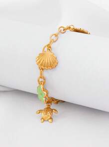1 pieza Collar de acero inoxidable con estilo de playa oceánica dorada con colgante de tortuga marina, concha de mar, piña, concha natural, estrella de mar y concha espiral, acompañado de una pulsera de cadena gruesa para mujeres