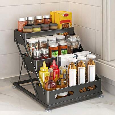 GROWSUN 3 Tier Foldable Spice Rack For Countertop Iron Kitchen Seasoning Organizer For Cabinet Countertop Pantry Space Saving Design With Protection Railin Kitchen Organizers And Storage