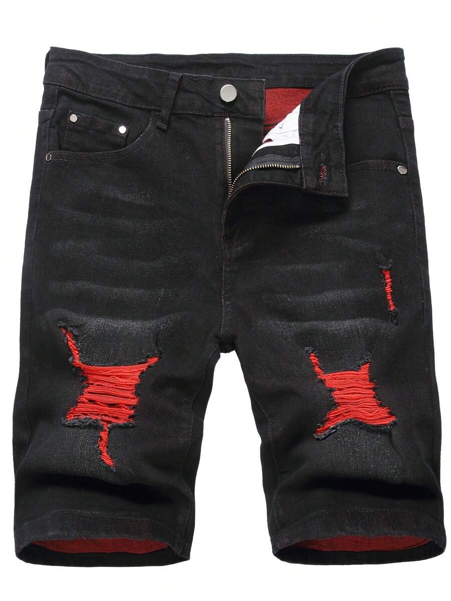 Men's Slim Fit Skinny Denim Shorts, Ripped Skinny Denim Shorts, Stylish Straight Comfortable Stretch Waist Shorts - 黑色 - 查看 1