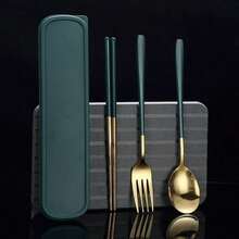 1 Pc Three Piece Set Of Rust Resistant And Drop Resistant Stainless Steel Tableware: Complete With Knives, Spoons, And Chopsticks, Suitable For Camping, Picnicking, Office Workers, And Student Parties - Green - View 4