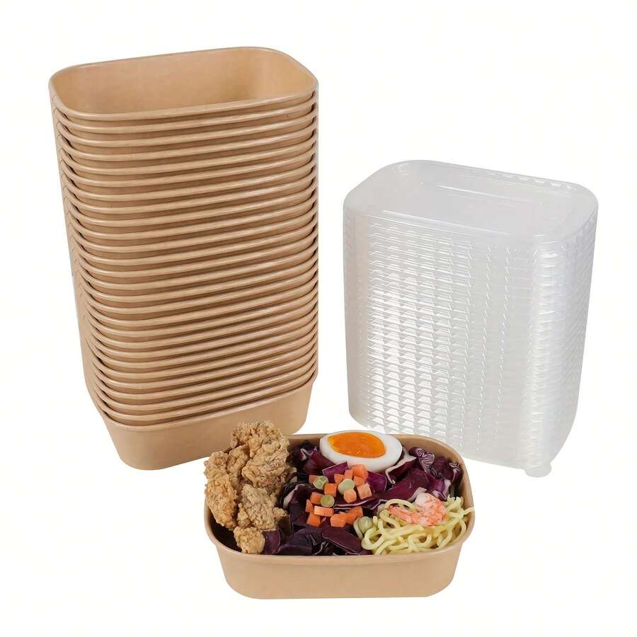 Envases de comida de papel de 17oz/25oz/35oz con tapas, envases de comida desechables rectangulares, envases para preparación de comidas, envases para sopa, envases para preparar comidas congeladas, tazones de ensalada desechables - Paquete de 50/100 - Marrón - Ver 1