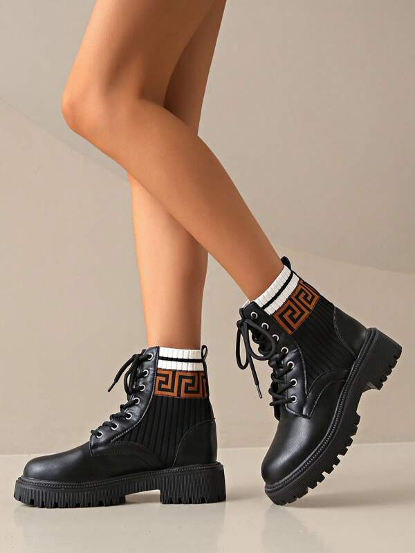 New Women Thick Sole Knitted Fashion Boots, Black Motorcycle Leather Lace-Up Mid-Calf Boots, Flat, Waterproof, Versatile, Suitable For Autumn/Winter, Size CN35-CN42