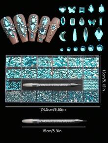 21 Grid Multi-Style Mixed Rhinestone Rhinestone Set,Lake Blue Round Rhinestones And Flat-Bottomed Special-Shaped Drills Of Different Shapes, Can Be Used For DIY Decoration, Clothing Accessories, Distribution Sticky Drill Pen - 湖藍色 - 查看 7