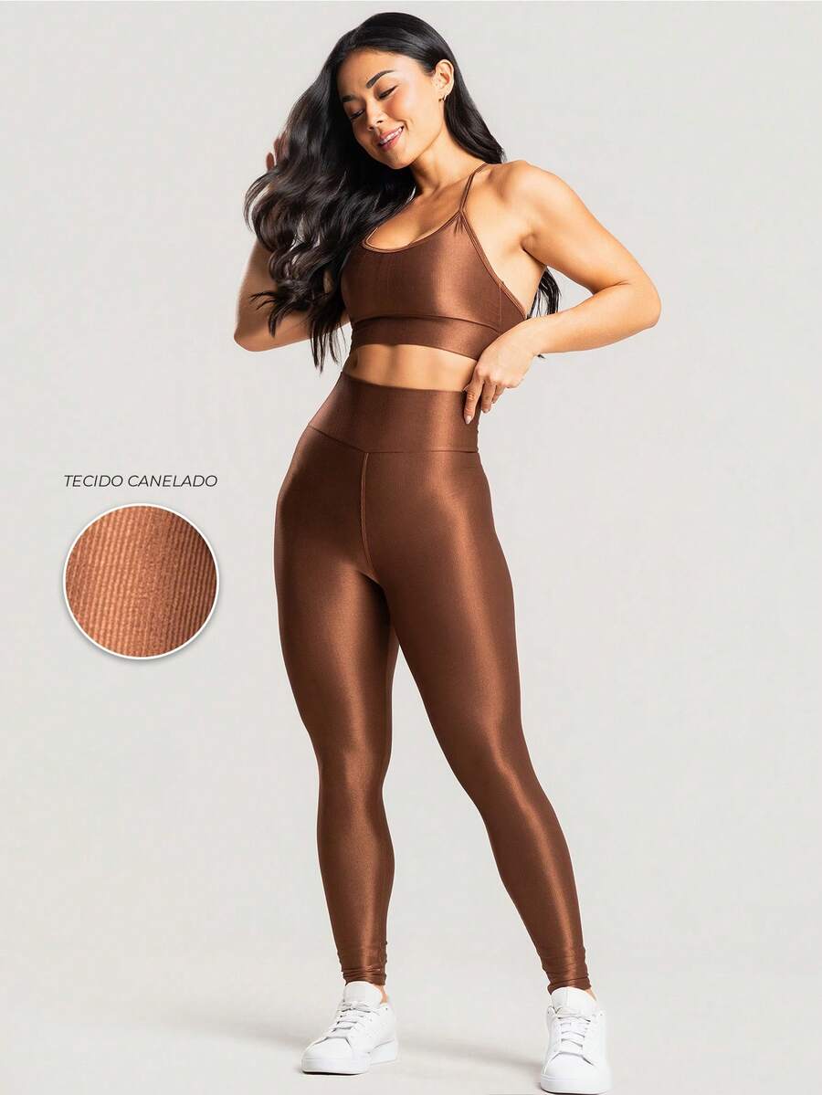 Women's Ribbed Gym Fitness Set, Top And Shiny Sports Leggings - Rust Brown - View 1