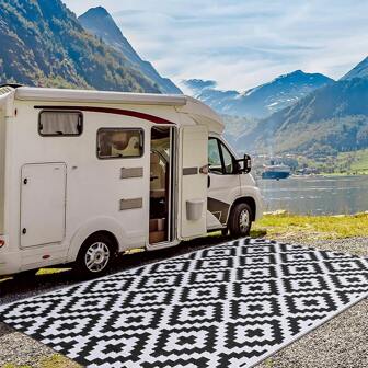 Waterproof Outdoor Rug 9*12 Ft, Plastic Reversible Rug, Modern Area Rug, Large Outdoor Rug For Patios, RV, Patio, Backyard, Deck, Picnic, Beach, Camping, Black & White