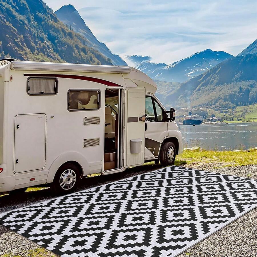 Tappeto da esterno impermeabile 9*12 ft, tappeto in plastica reversibile, tappeto da esterno moderno, grande tappeto da esterno per patii, camper, patio, giardino, terrazza, picnic, spiaggia, campeggio, nero e bianco