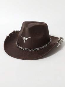 1 件女式/中性西部牛仔帽，时尚纯色 PU 绒面面料，帽檐朋克风格，可拆卸帽带，百搭设计