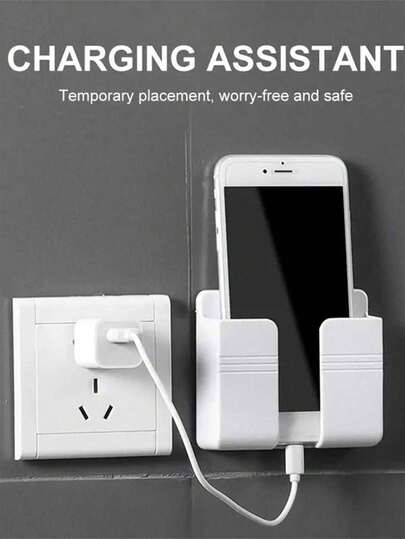 1 pieza Soporte de teléfono móvil para montar en la pared sin necesidad de perforar, caja de almacenamiento creativa multifuncional para control remoto, soporte de carga de teléfono móvil montado en la pared, soporte de carga y almacenamiento para la mesita de noche, productos para el hogar