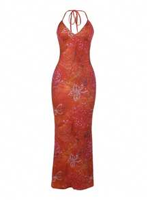 女士性感印花节日连衣裙，适合派对、海滩、旅行、夏季 - 橘色 - 查看 2