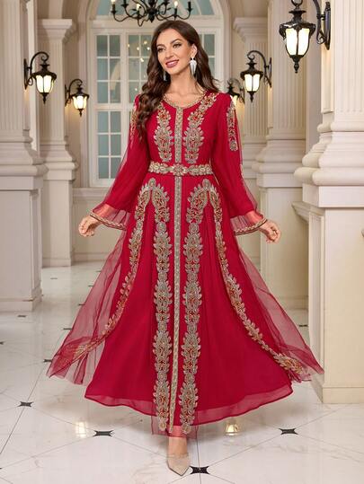 JINLICX 复古优雅的阿拉伯风格重工装饰长裙，适合婚礼、派对、节日和正式晚宴等场合。