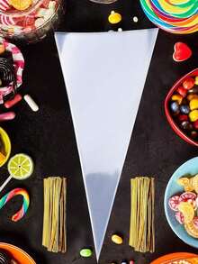 50/100 uds Bolsas cónicas de golosinas, bolsas de palomitas, bolsas de celofán triangulares con lazos retorcidos para caramelos, galletas hechas a mano, regalos de boda, cumpleaños, día de San Valentín, suministros para bufé de dulces y Navidad - transparente - Ver 5