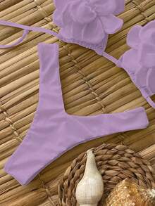 Polovedo Official Sexy Elegant Purple Floral Print Beach Bikini Swimsuit, Suitable For Valentine's Day, Spring/Summer, Casual, Vacation, Date - Purple - View 2