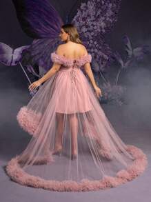 Faeriesty Dressalisa Elegant Plus 孕妇露肩孕妇礼服，3D 荷叶边和层叠下摆 - 适合婚礼、庆典、拍照的正式夏季礼服