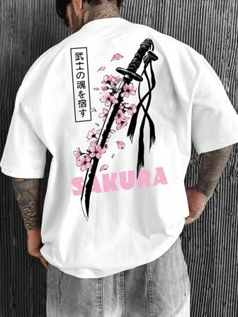 男士休闲剑与樱花图案印花宽松圆领白色T恤