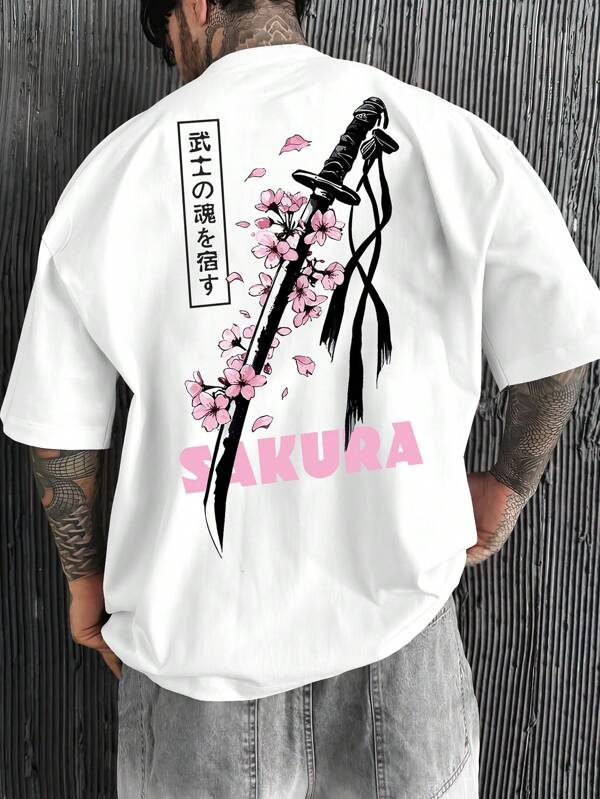 T-shirt blanc décontracté ample à col rond avec motif imprimé épée et fleur de cerisier pour hommes