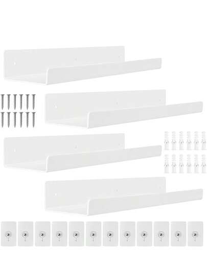 4 Packs White Wall Shelves No Drilling Required, 30cm Acrylic Wall Mounted Floating Shelves, Bathroom, Bedroom, Living Room, Kitchen, Room Decoration Bathroom Accessories
