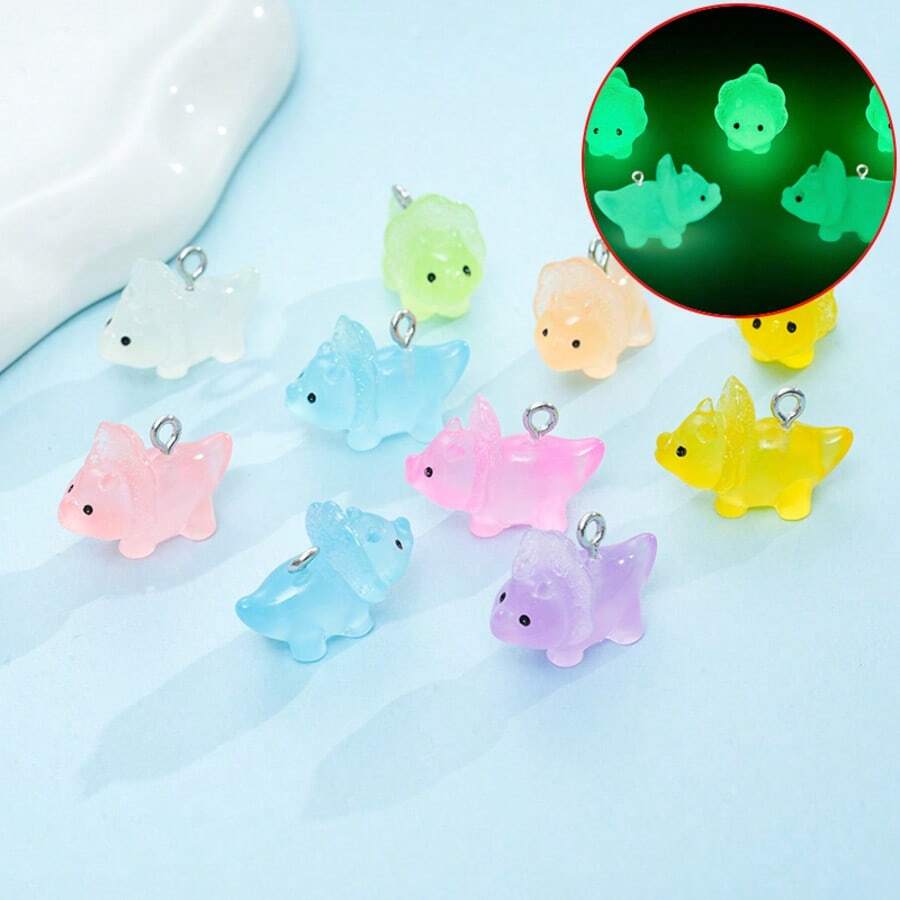 10pcs Glow-In-The-Dark Dinosaur Resin Crafting Accessories, DIY Necklace Earring Keychain Animal Pendant - Multicolor - View 1