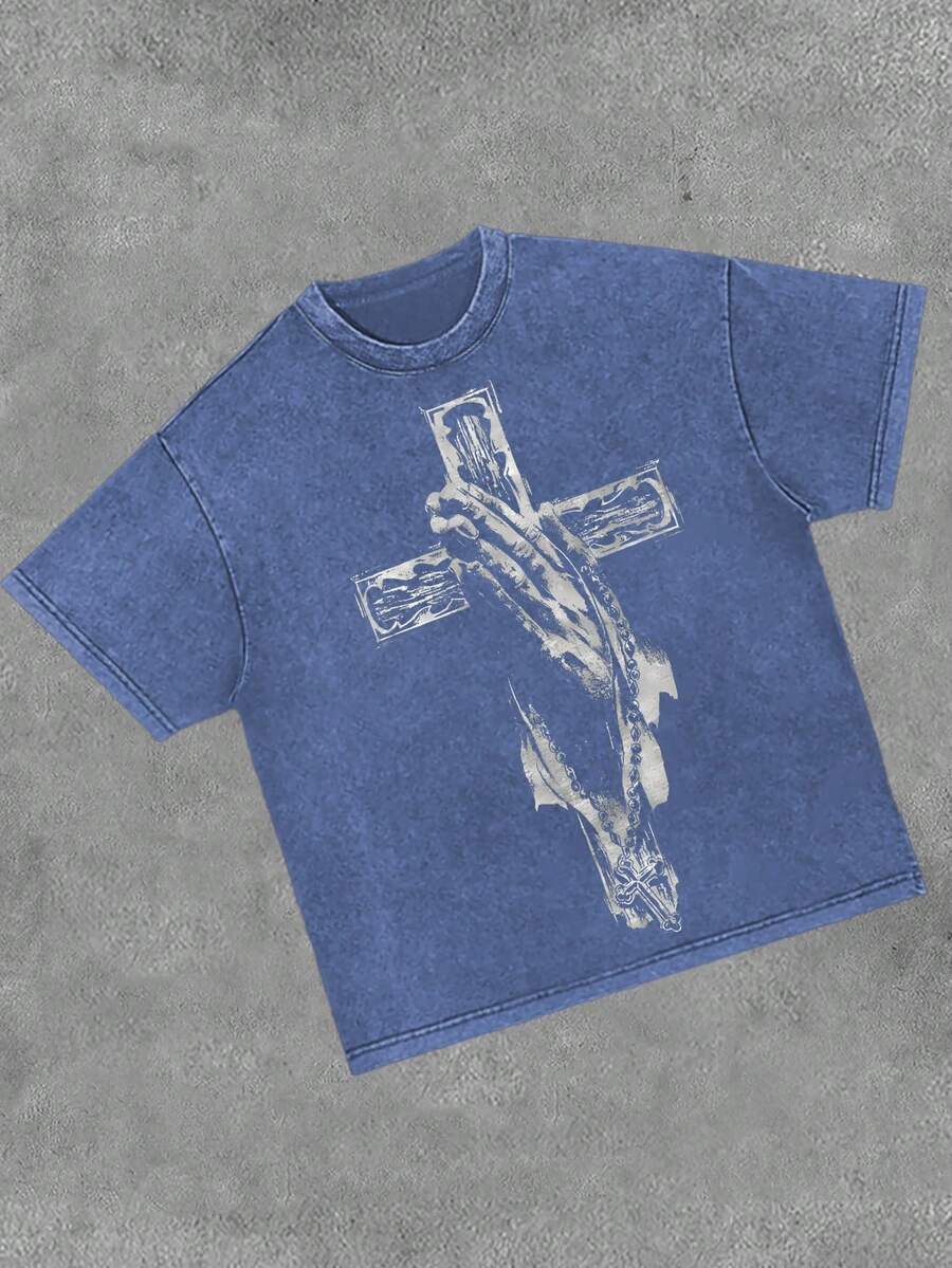 Men's Retro 230g Washed Cotton T-Shirt-"Christian God Prayer", Printing, Casual Summer T-Shirt, Christian Clothes,Round Neck, Short Sleeve, High Quality Cotton, Machine Washable, Casual Summer T-Shirt With Shoulder Drop Design And Smooth Fabric - Royal Blue - View 1