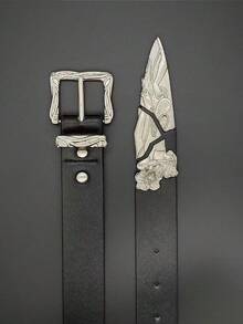 1件朋克金属西部剑士新款雕刻时尚腰带，复古皮革腰带，男女通用设计，适合秋季、万圣节、秋冬季配饰，适合青少年、青年、男士，休闲、户外、运动、度假、毕业礼物、生日、日常穿着 - 黑色 - 查看 3