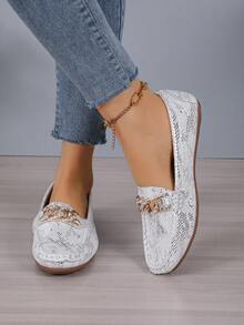 Women's Spring & Autumn New Snake Skin Rhinestone Gold Chain Flat Loafers, Fashionable Casual Versatile - Silver - View 5
