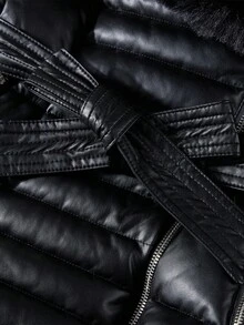 Giolshon Women's Fall/Winter Faux Leather Puffer Jacket, Faux Fur Collar,Teacher Outfits , Adjustable Belt For Chic Commuting & Layering - Black - View 5