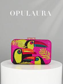 OpulAura New Fashion Sparkling Toucan Pattern Rhinestone Banquet Bag, European & American Design, Bright Color Summer Clutch, Perfect For Party Girls, Ladies, Brides - Suitable For Parties, Weddings, Prom, Dinners/Banquets, Matching Perfect Wedding Dresses, Women's Formal Dresses, Prom Dresses, Birthday Dresses - Hot Pink - View 2