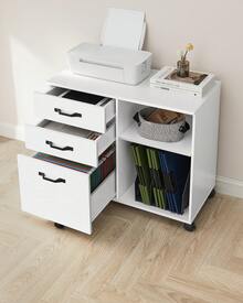 Caisson, Support d'Imprimante Bureau, avec 3 Tiroirs, Meuble de Rangement Mobile, Compartiments Ouverts, pour Format A4, Documents, Style Industriel, Blanc Boisé - Weiss - Übersicht 2