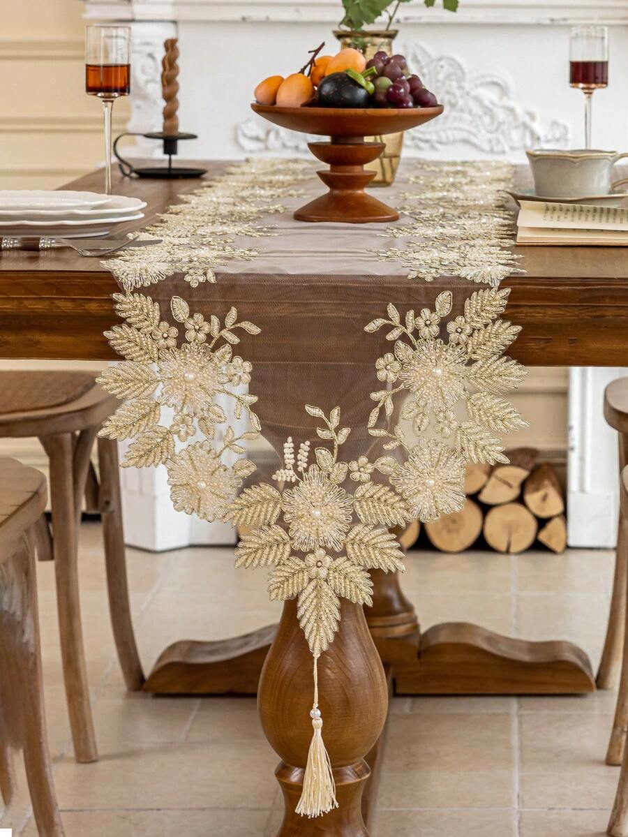 1 件 3D 刺绣花卉串珠桌旗，奢华浪漫欧式风格精致刺绣流苏装饰桌旗，适用于厨房、餐厅、客厅、家庭、派对、酒店、餐厅、婚礼、宴会、节日庆典、季节性礼物，多种尺寸可供选择