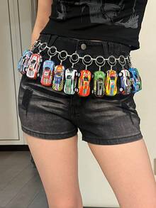 1pc Handmade Nylon Patchwork Racing Car Model Needle Buckle Belt, Casual Streetwear Y2K Punk Chic Style, Color Order Random, Fits Well With Jeans, Pants, Skirts, Versatile For Couples Summer, School Fall, Autumn, Halloween - Multicolor - View 3